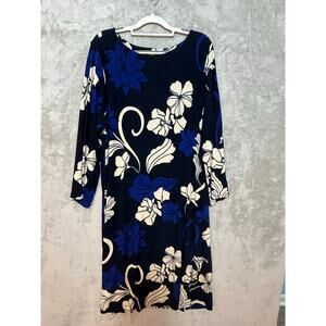 Chico's Liquid Knit Dress Size 20/22 Black Blue Floral Preppy Office Boho